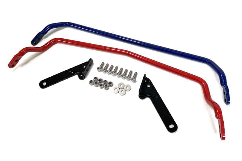 Full product picture of the CorkSport rear sway bar in red and blue mounting hardware